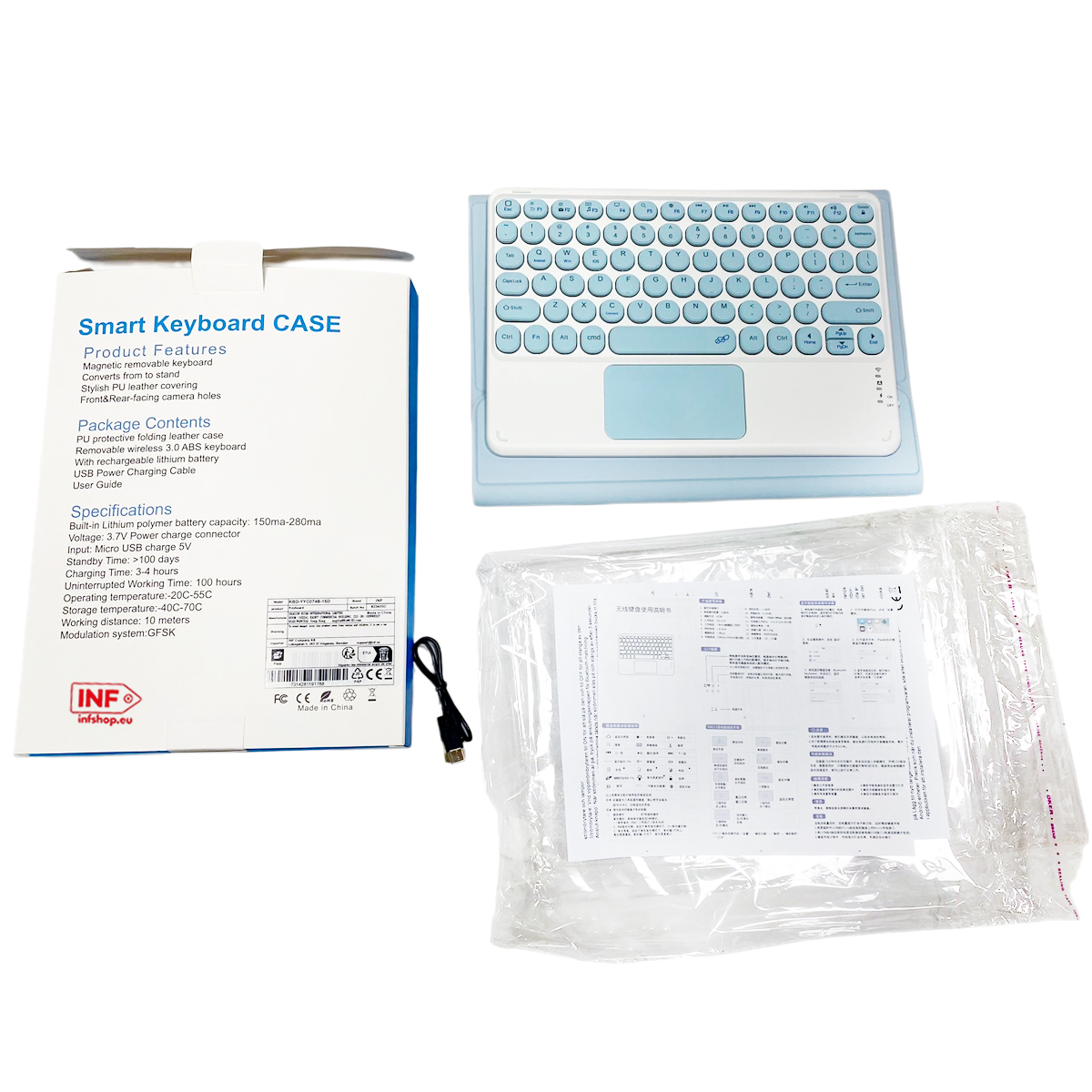 Ein blaues Keyboard mit Touchpad, eine Verpackung und ein USB-Kabel.