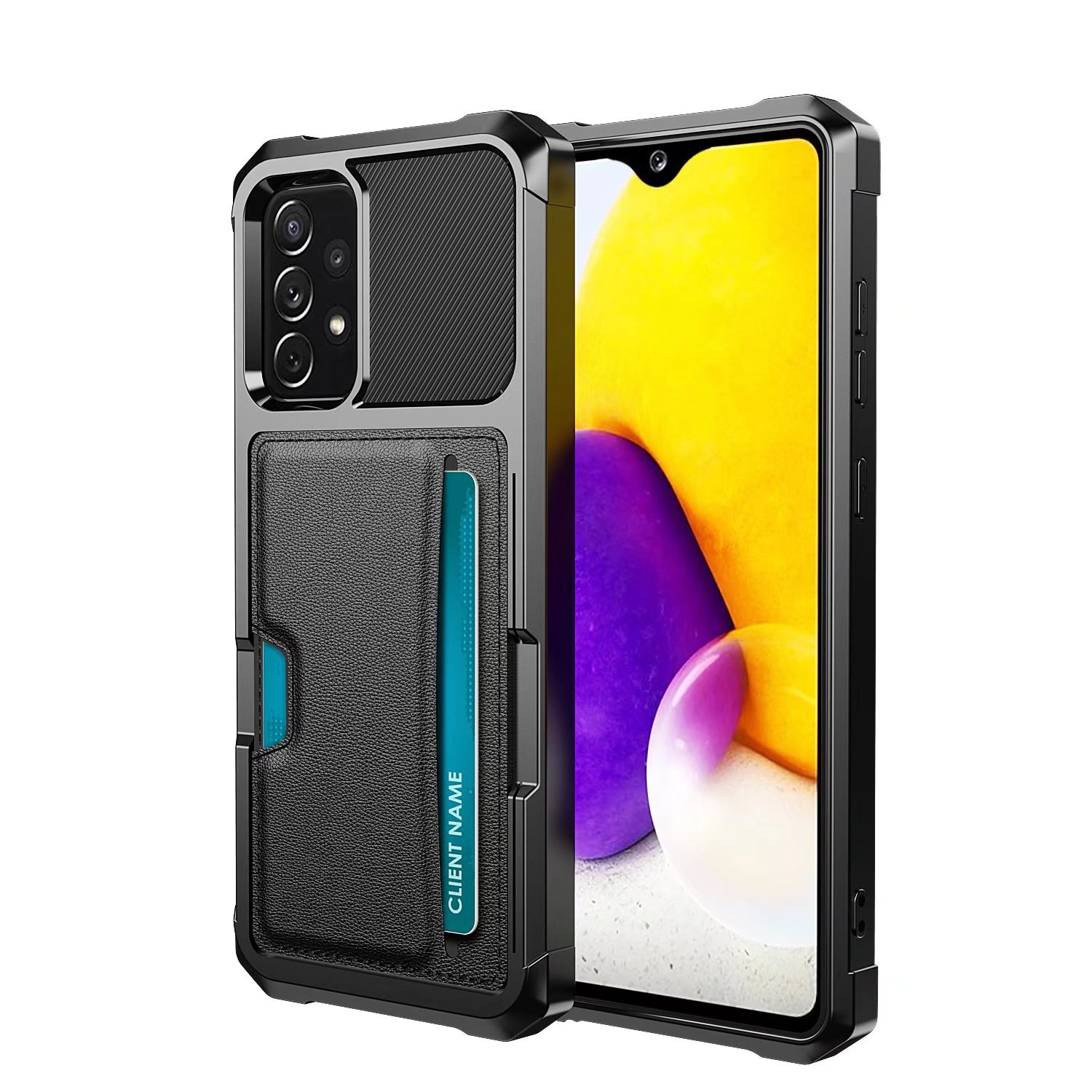 Custodia nera per telefono con slot per carte e tre fotocamere posteriori.