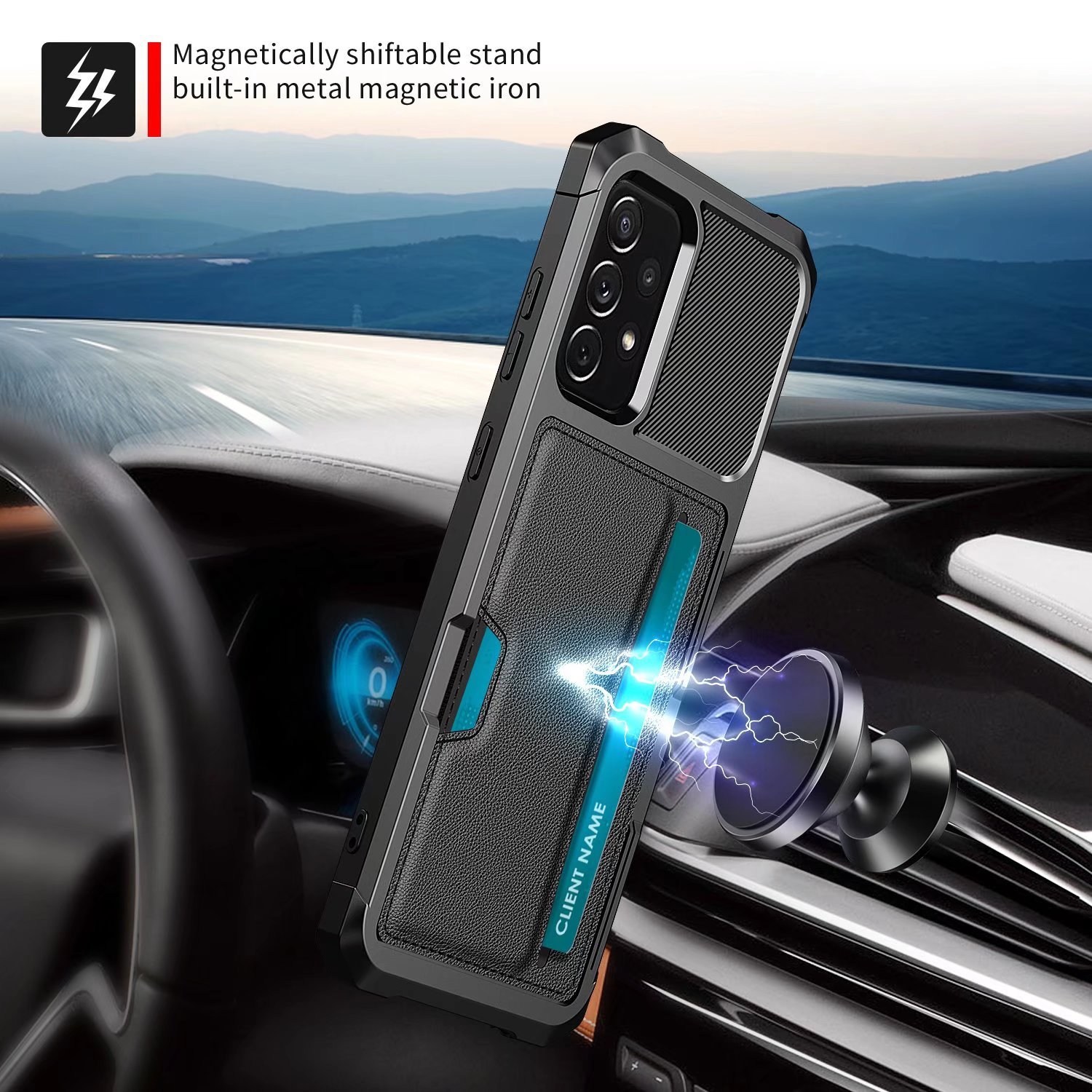 Custodia telefono con porta carte su cruscotto auto, fissata magneticamente.