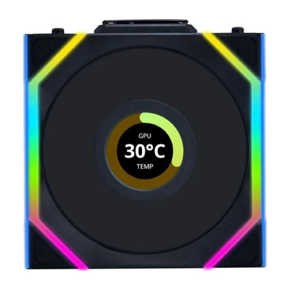Ein schwarzer Lüfter mit RGB-Beleuchtung und einem digitalen Display, das 30°C anzeigt.