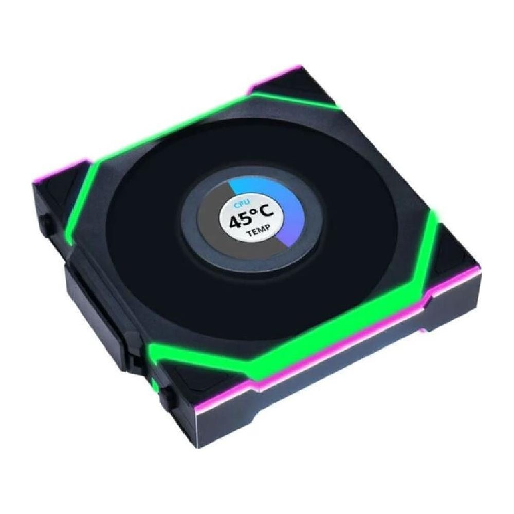 Schwarzer CPU-Lüfter mit RGB-Beleuchtung zeigt 45°C an.