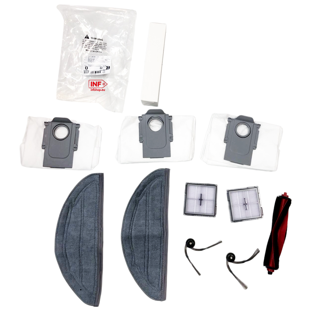 Stofzuigeraccessoires: 3 stofzakken, 2 dweildoeken, 2 filters, 2 borstels en 1 hoofdborstel.