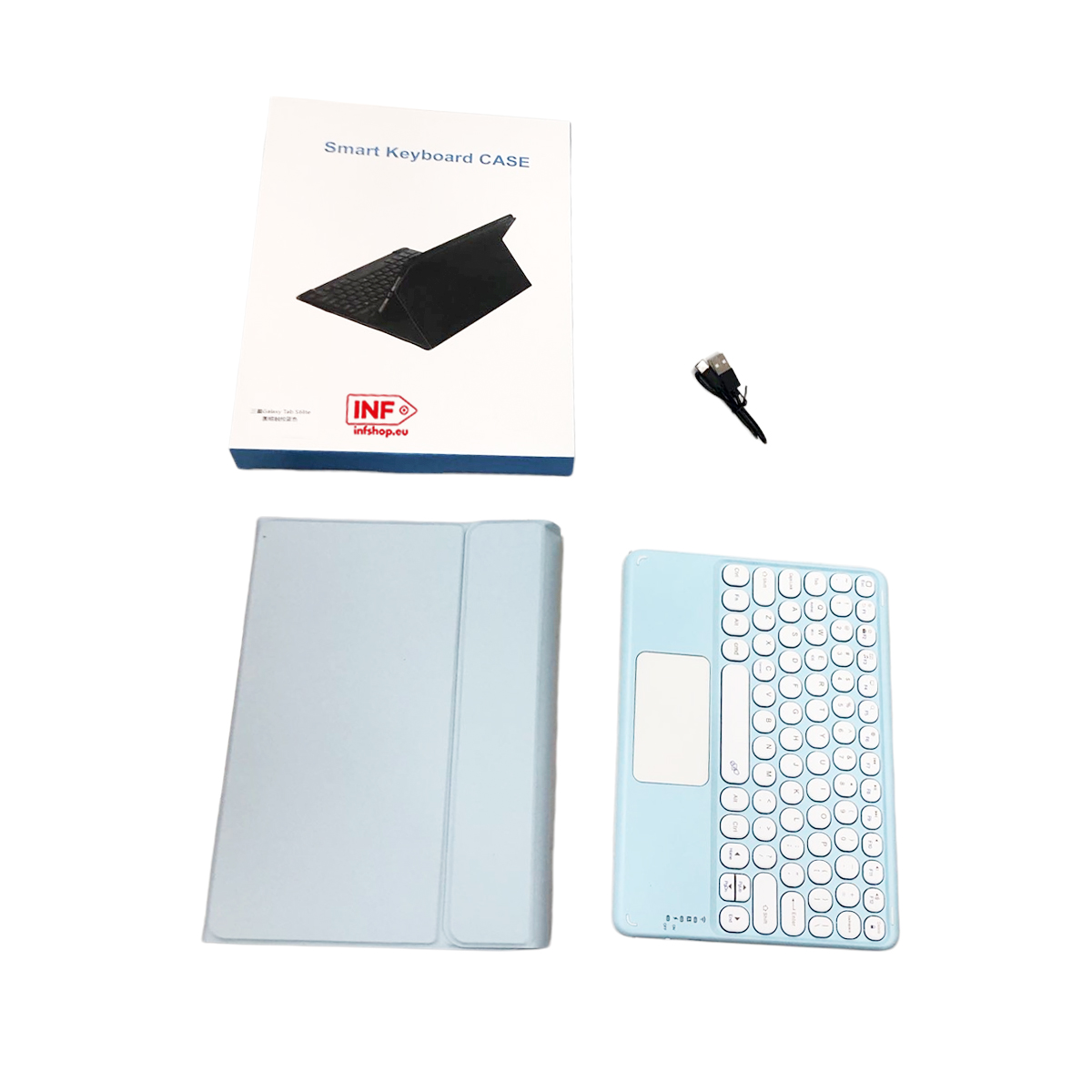 Ein blaues Keyboard mit Touchpad, eine blaue Schutzhülle und eine Ladebox.