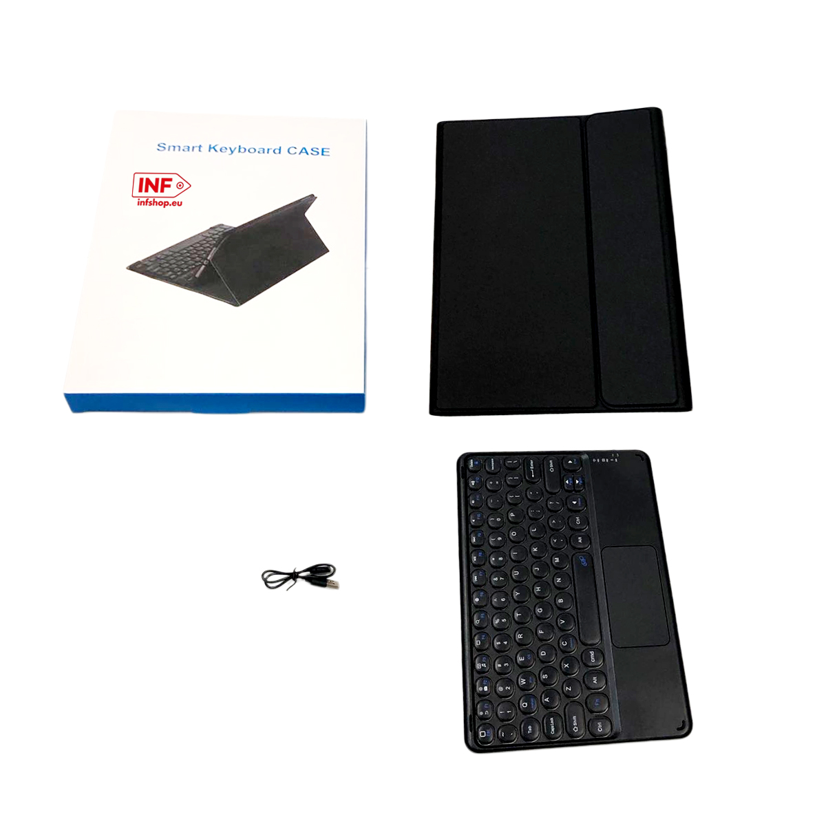 A smart keyboard case, black keyboard, and charging cable are arranged on a white background.