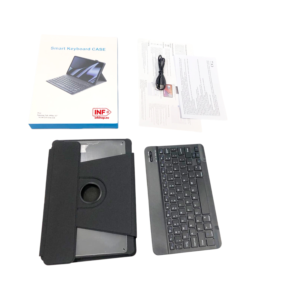 Un tablet nero con custodia per tastiera e tastiera separata.