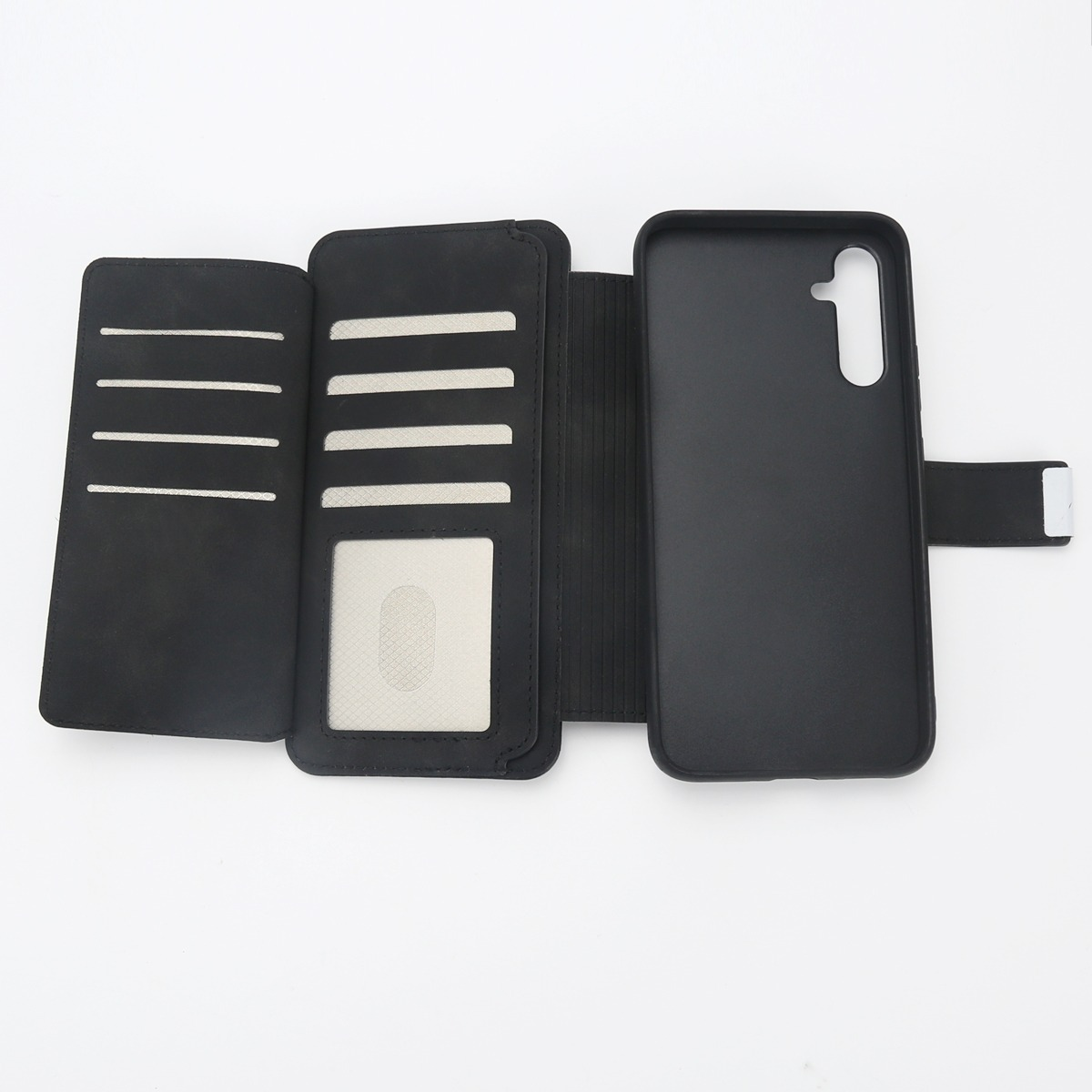 Schwarze Flip-Wallet-Handyhülle mit Kartenschlitzen und Kameraaussparung.