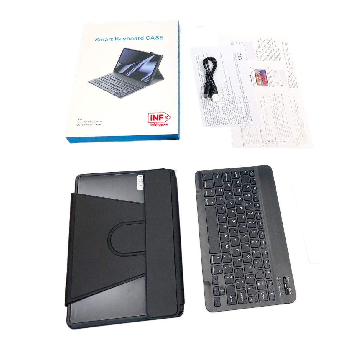 Custodia per tastiera smart, cavo, istruzioni e custodia nera con tastiera su bianco.