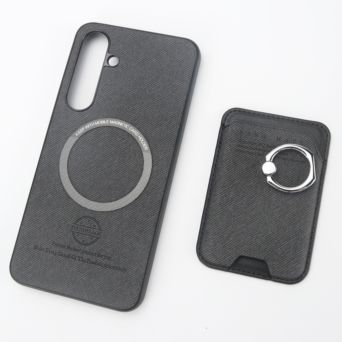 Custodia nera per telefono con anello magnetico e porta carte.