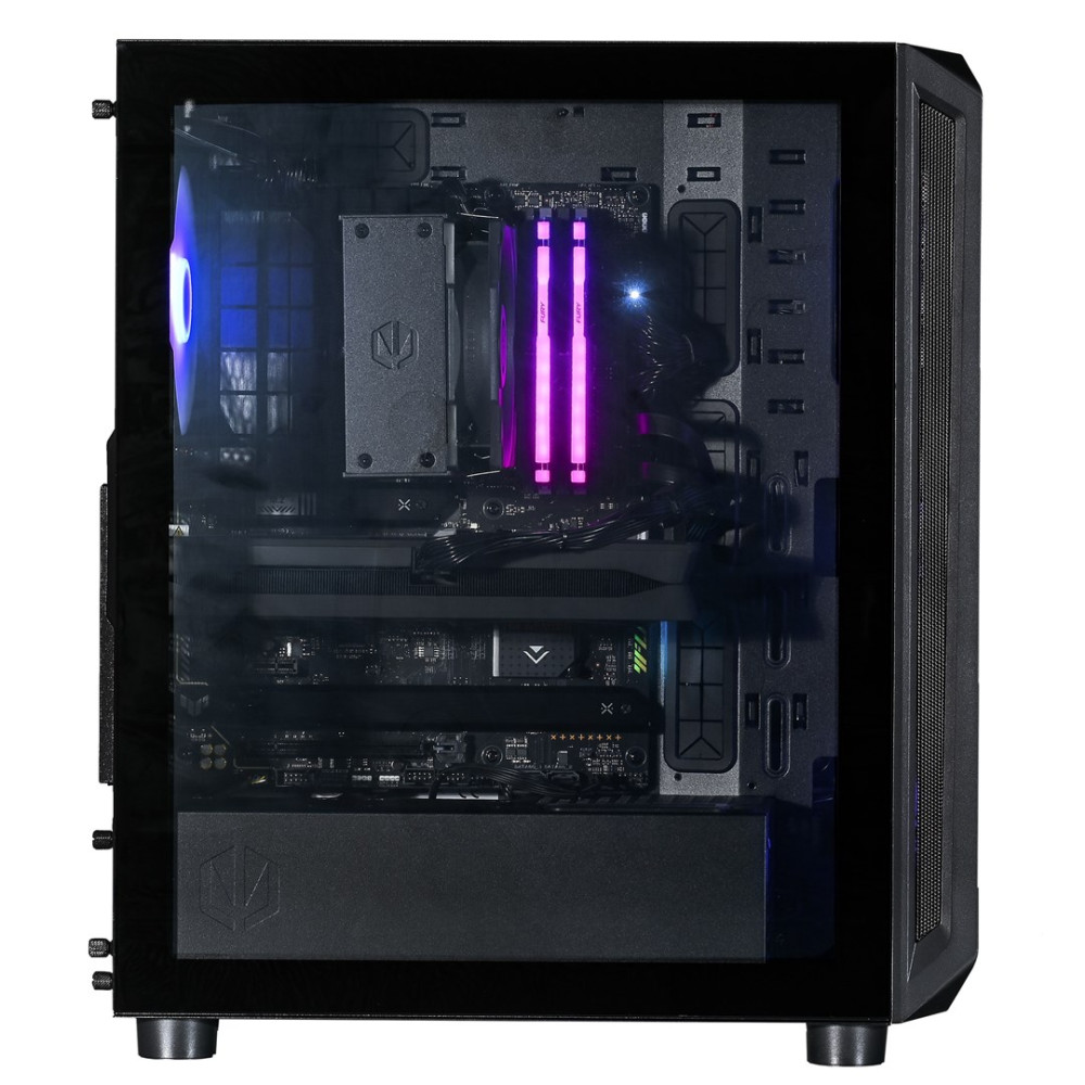 Un case PC con frontale in vetro, ventole illuminate e RAM RGB.