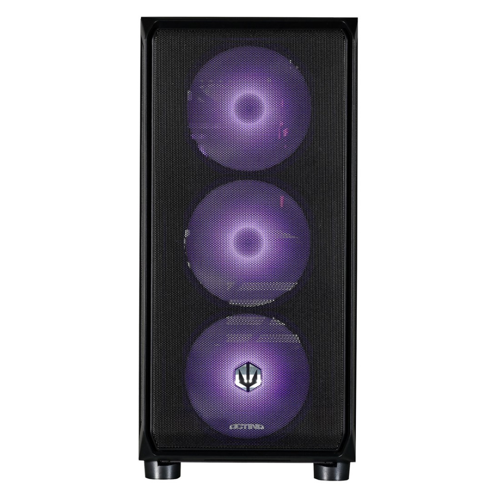 Case del computer nero con tre ventole illuminate viola sul davanti.