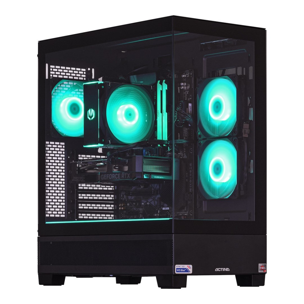Case PC nero con ventole RGB e scheda grafica RTX.