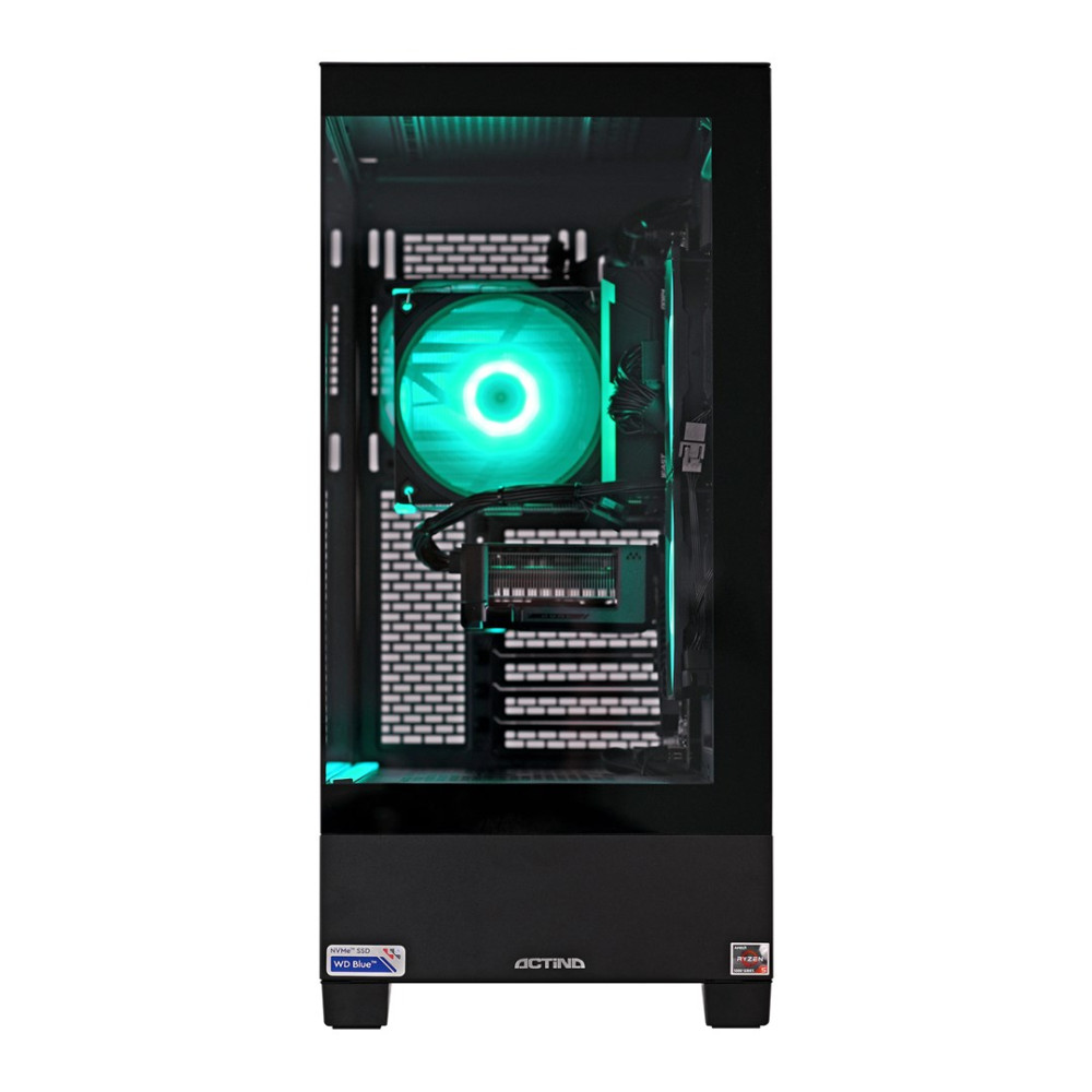 Un case PC nero con ventola verde illuminata e componenti interni visibili.