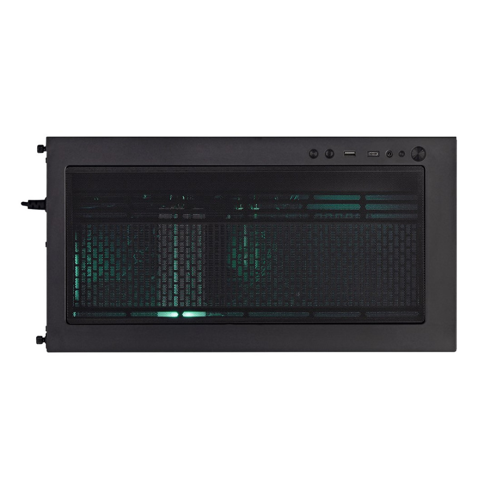 Case per computer nero con frontale in mesh e illuminazione LED verde.