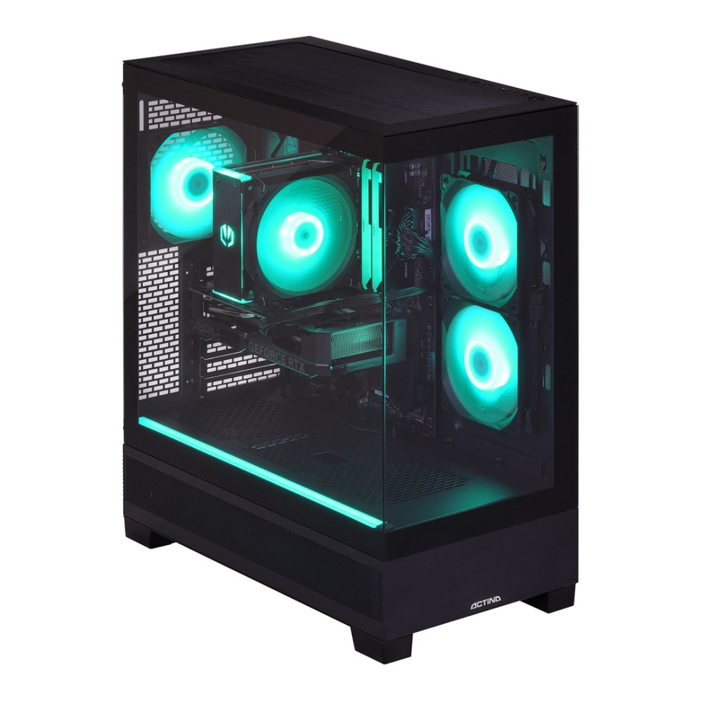 Case PC nero con finestra in vetro e ventole LED verdi.