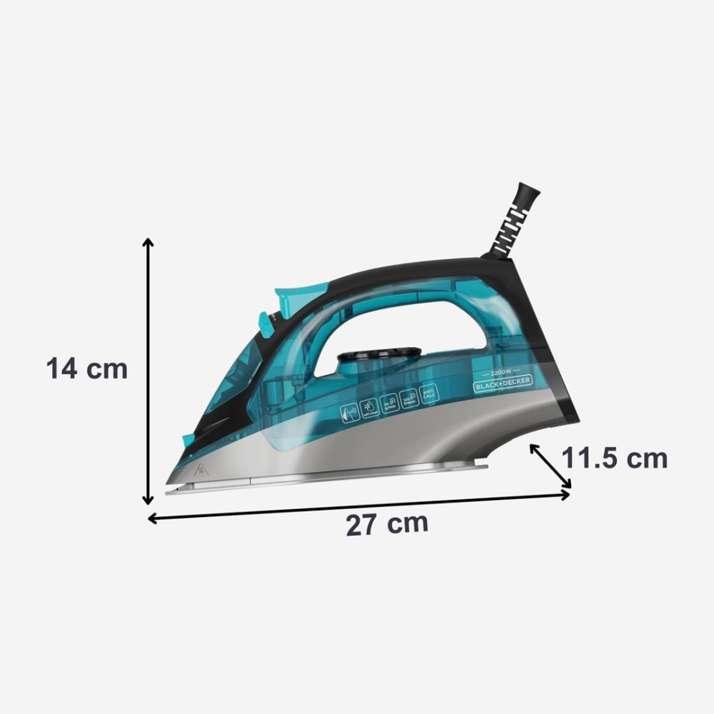 Żelazko parowe o wymiarach 27x14x11,5 cm.