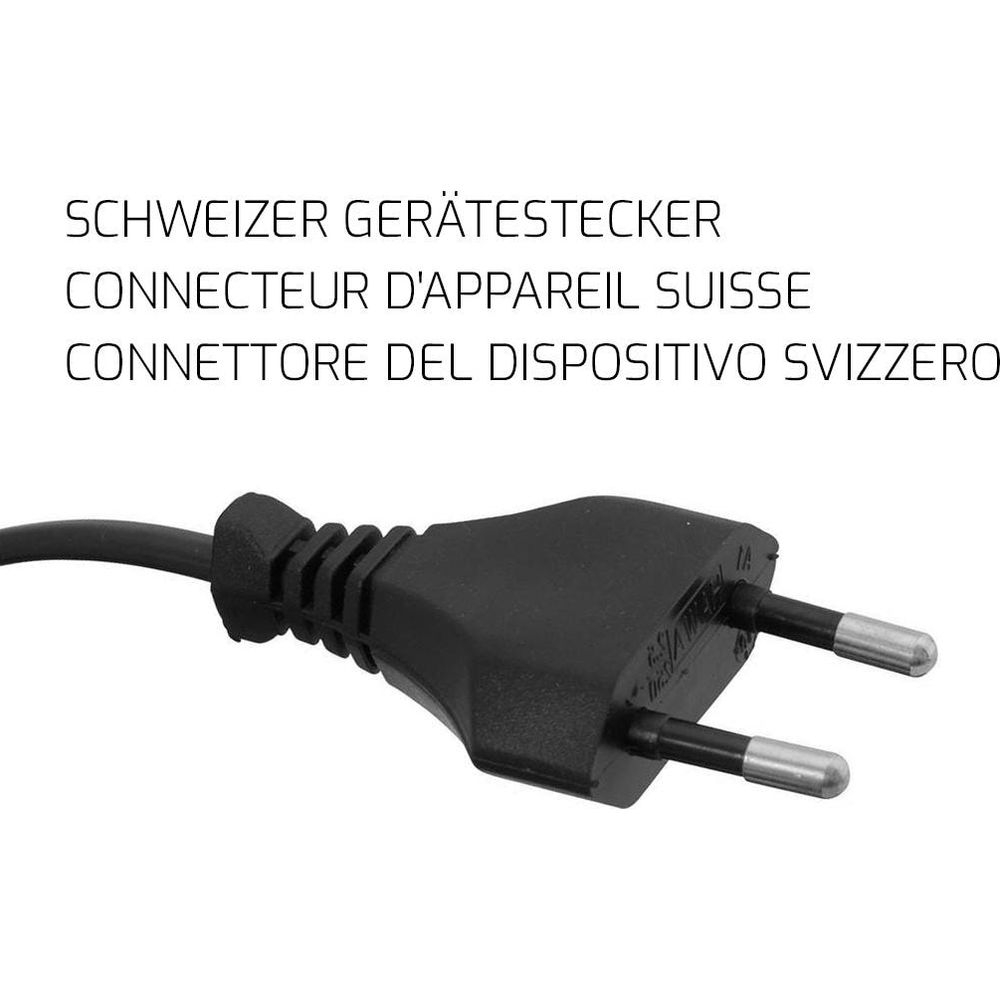 Una spina per dispositivi svizzera nera con due pin argentati.