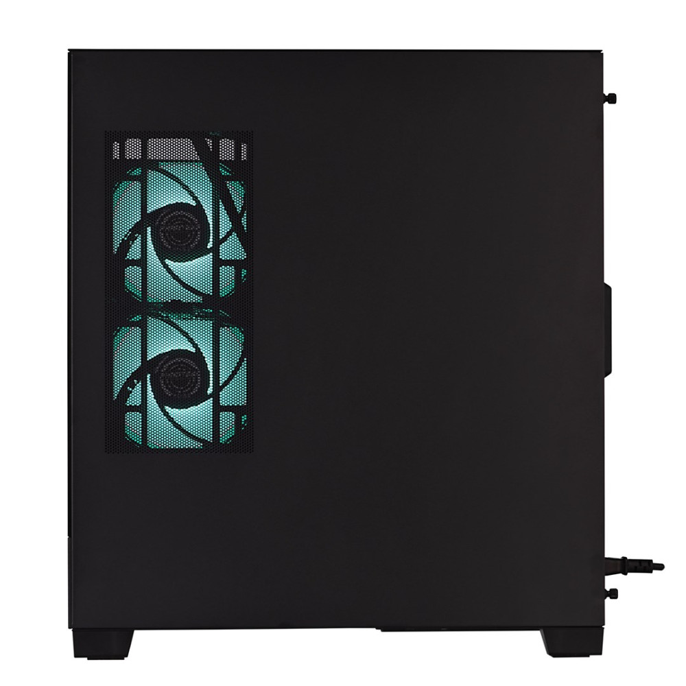 Case del computer nero con due ventole blu brillante sul lato sinistro.