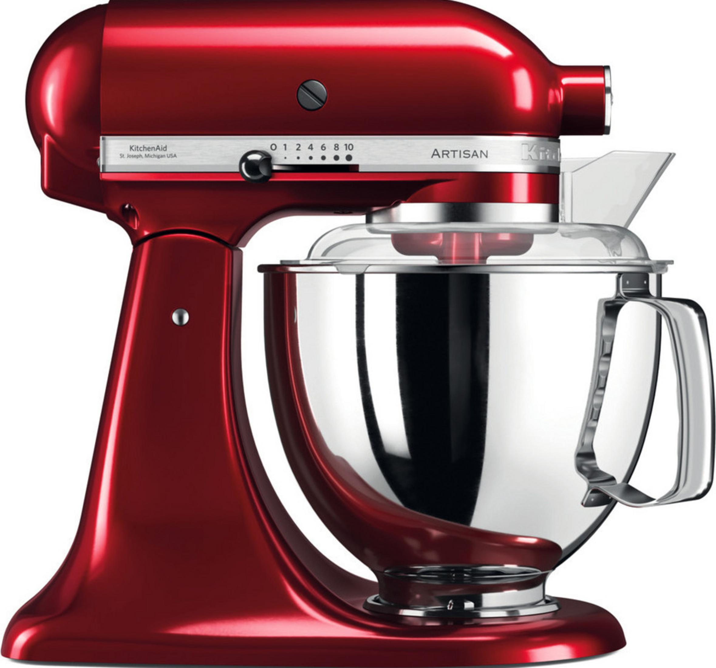 Un'impastatrice KitchenAid Artisan rossa con ciotola in acciaio inox lucido e paraspruzzi trasparente.
