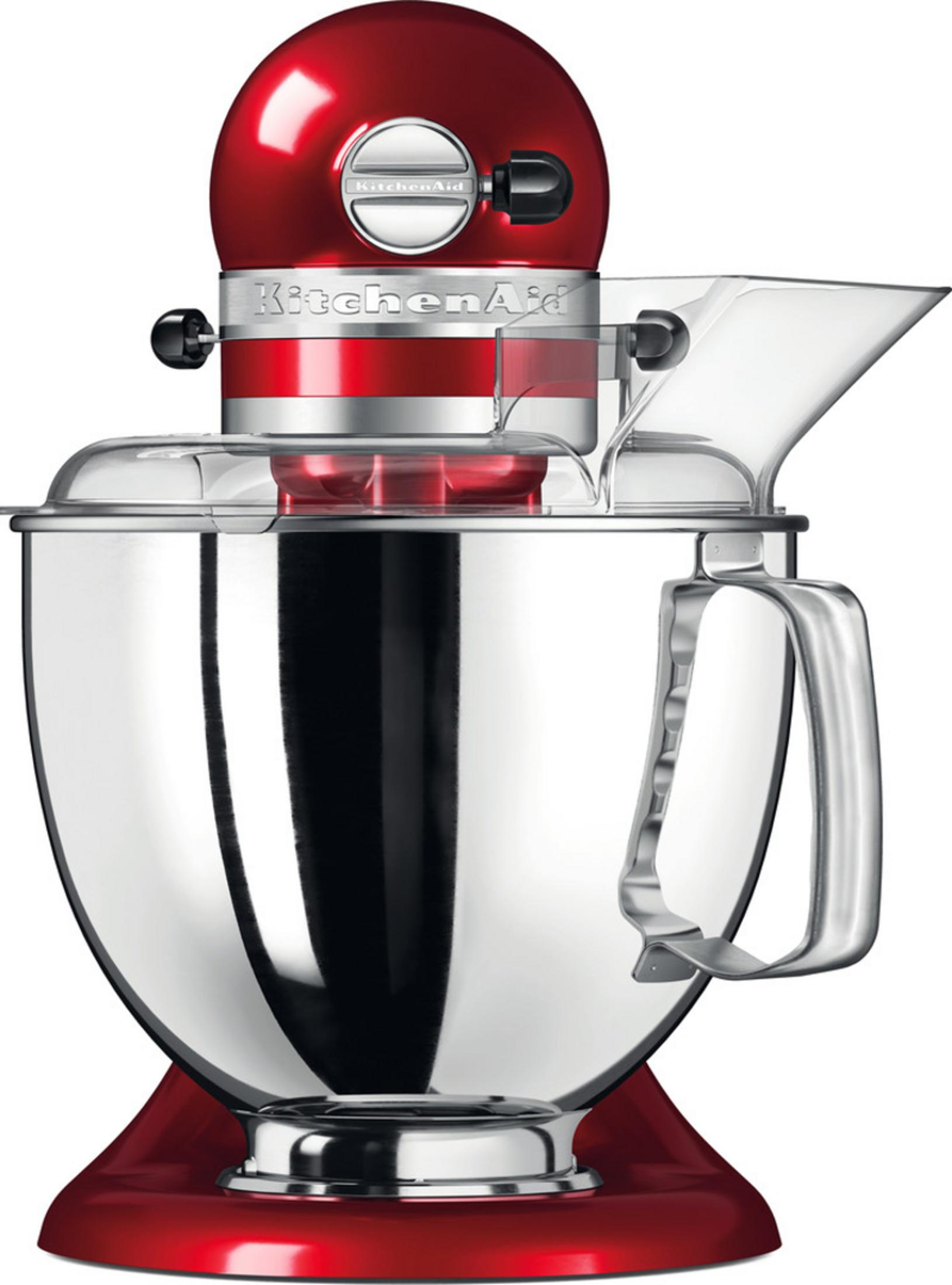Una planetaria KitchenAid rossa con ciotola argentata e accessorio trasparente.