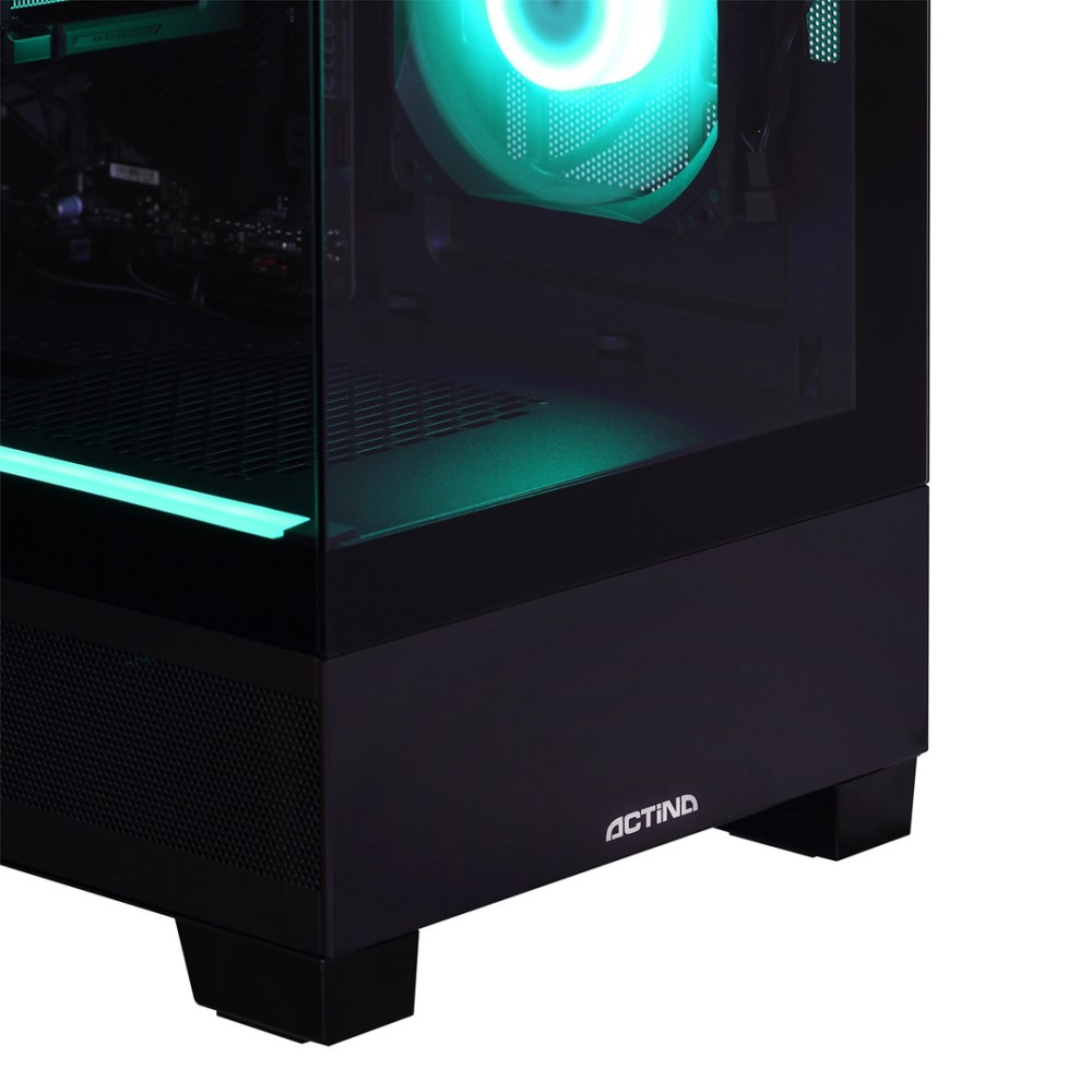 Case PC nero con frontale in vetro e illuminazione LED verde.