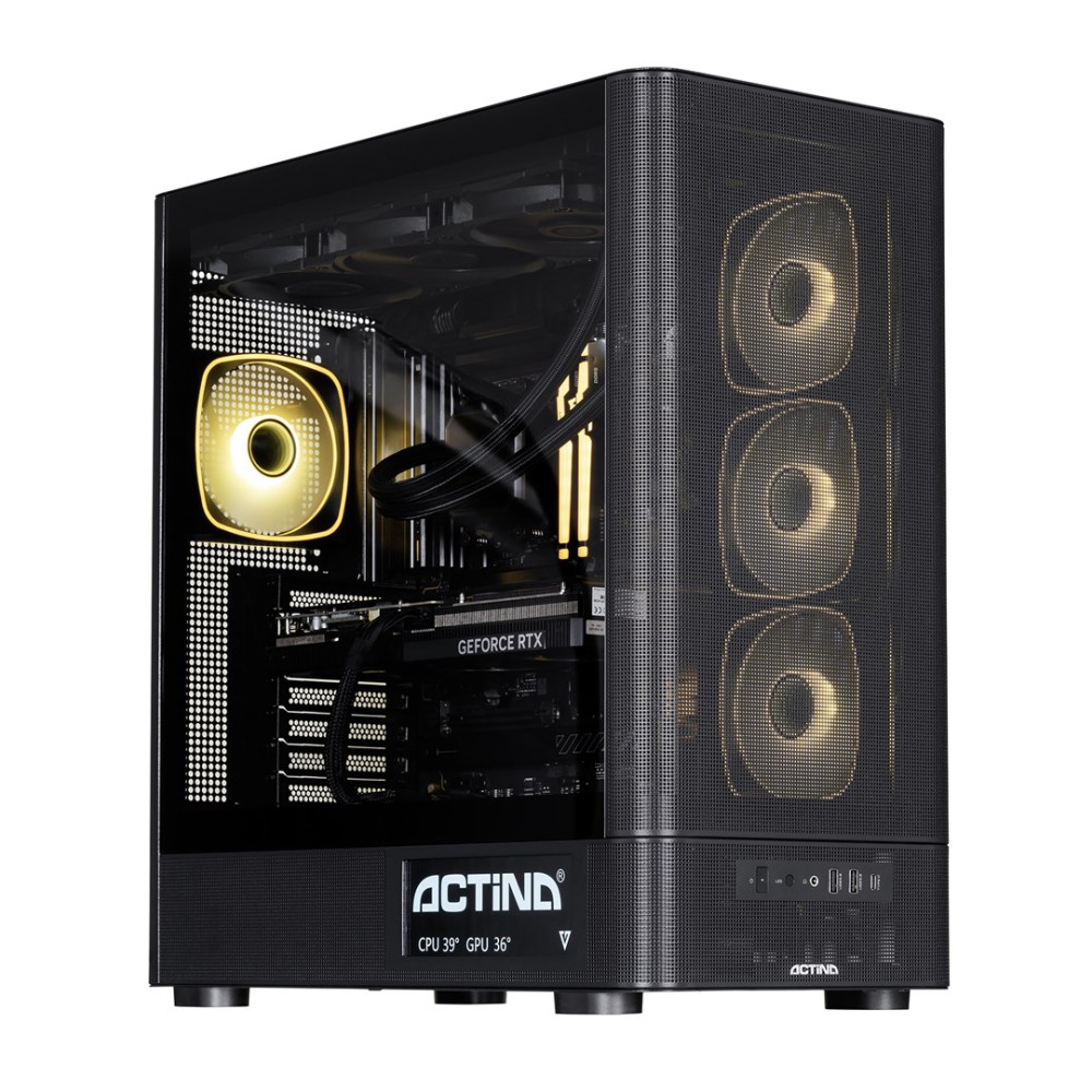 Case PC nero con finestra in vetro, ventole illuminate e illuminazione RGB.