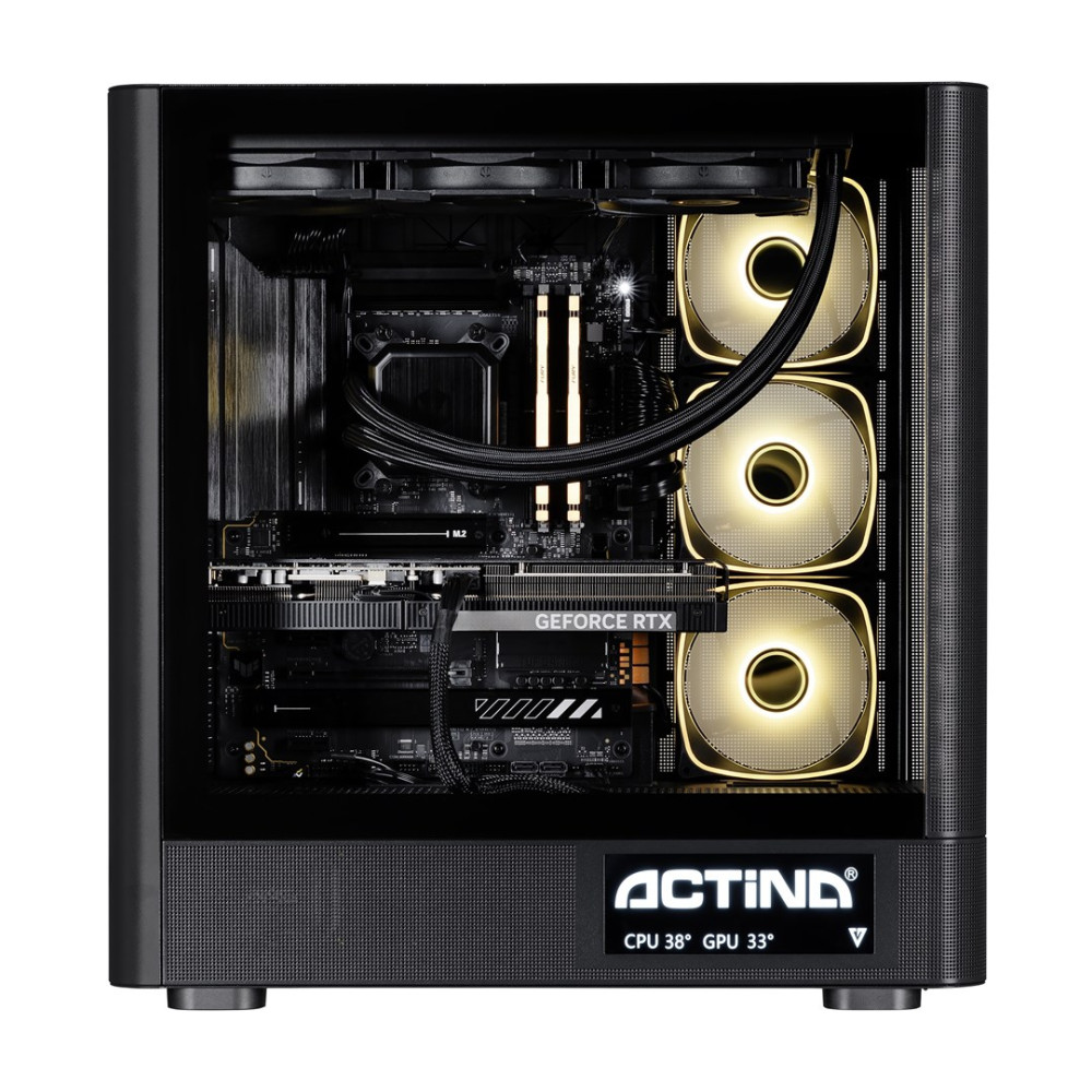 Un case per computer nero con ventole illuminate e componenti interni.