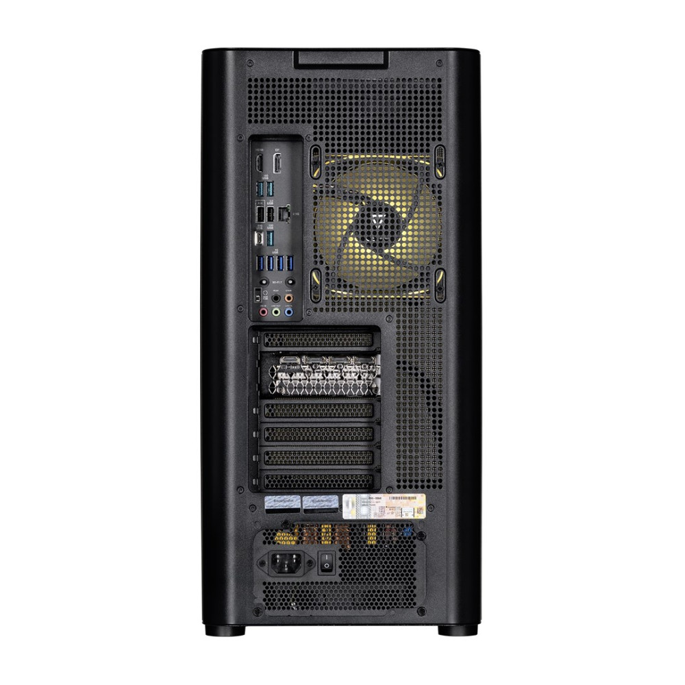 Retro di un case PC nero con ventola, porte e slot di espansione.