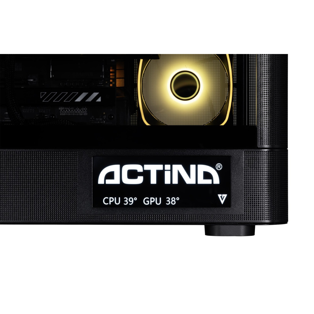 Case del computer nero con logo illuminato e display della temperatura.