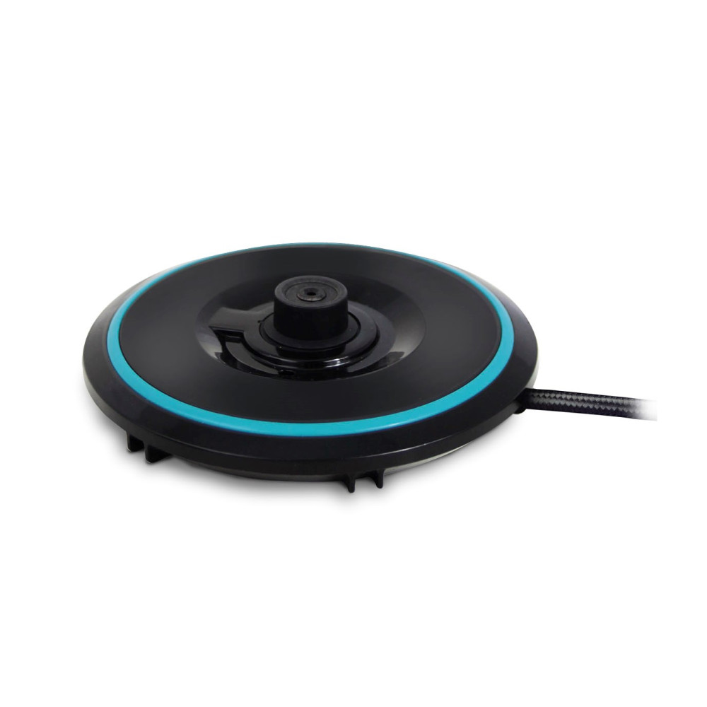 Czarna podstawa czajnika z niebieskim pierścieniem i kablem.