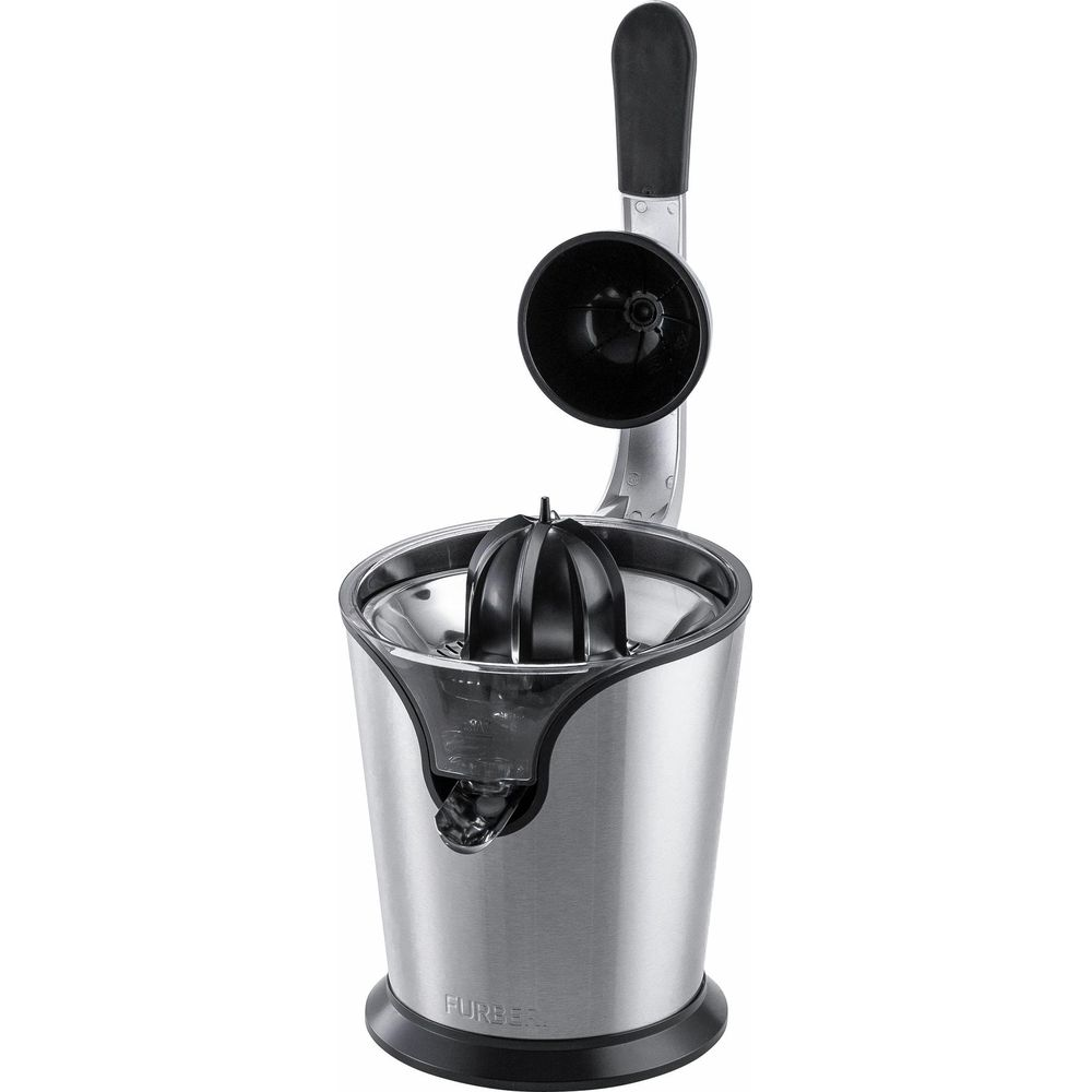 Spremiagrumi elettrico argentato con manico e cono neri.