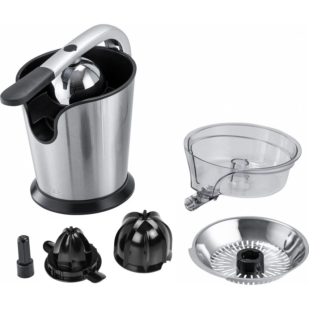 Spremiagrumi in acciaio inox con manico argentato e coni e filtro neri separati.