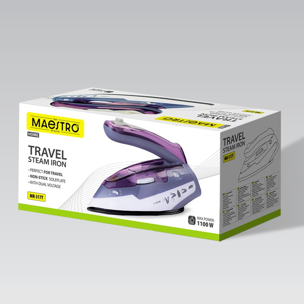 Białe pudełko z fioletowo-białym żelazkiem parowym podróżnym na przodzie, z napisem „MAESTRO” i „TRAVEL STEAM IRON”.