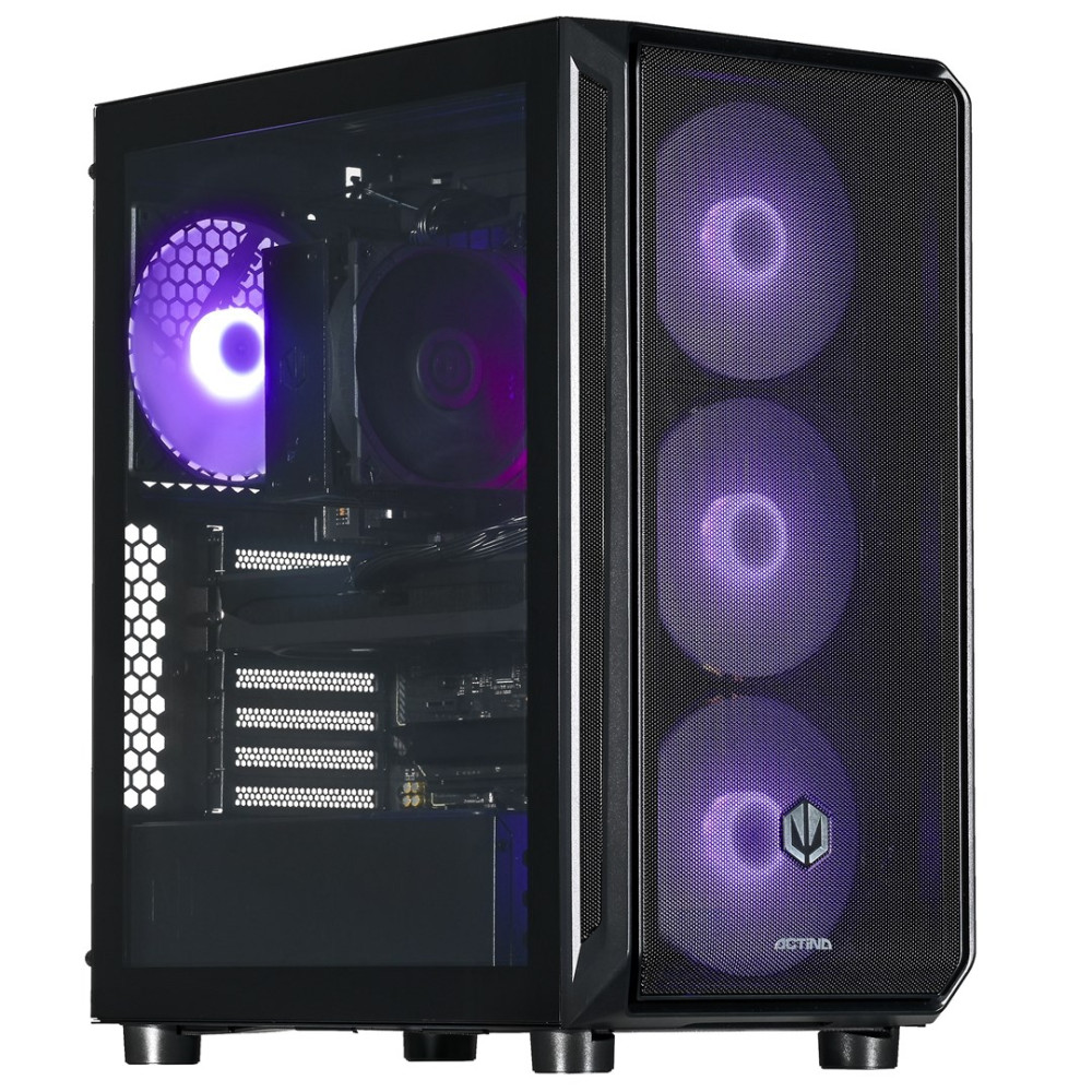 Case del computer nero con luci LED viola sulle ventole. Pannello laterale in vetro mostra i componenti.