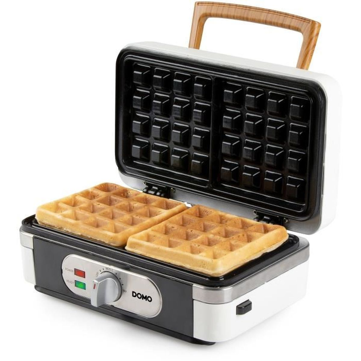 Piastra per waffle aperta con due waffle dorati all'interno. Esterno bianco, piastre nere.