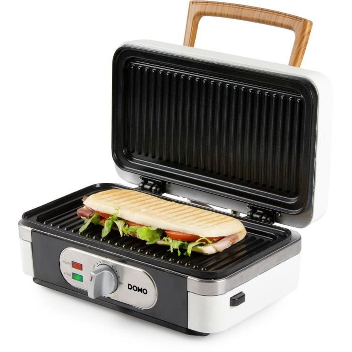 Un panino su un tostapane aperto con righe da grill.