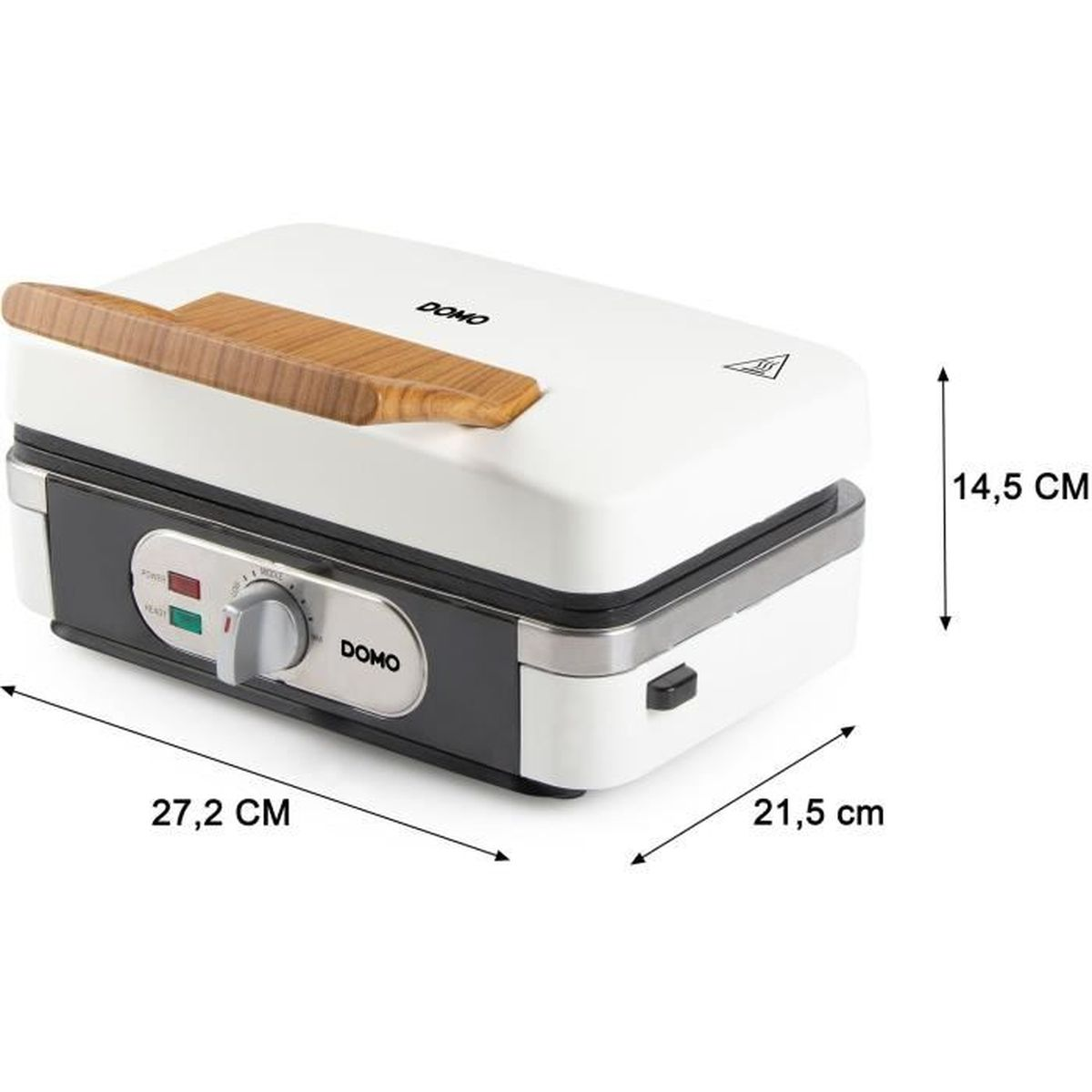 Waffle maker bianco chiuso con manico in legno e dimensioni.