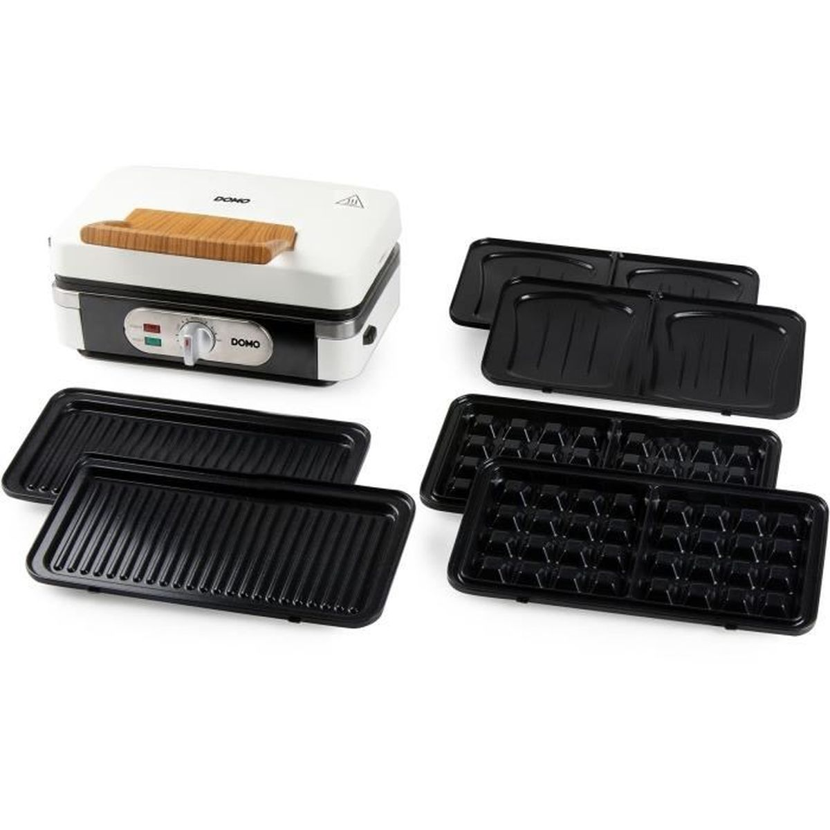 Una piastra per waffle/grill bianca e nera con piastre intercambiabili.