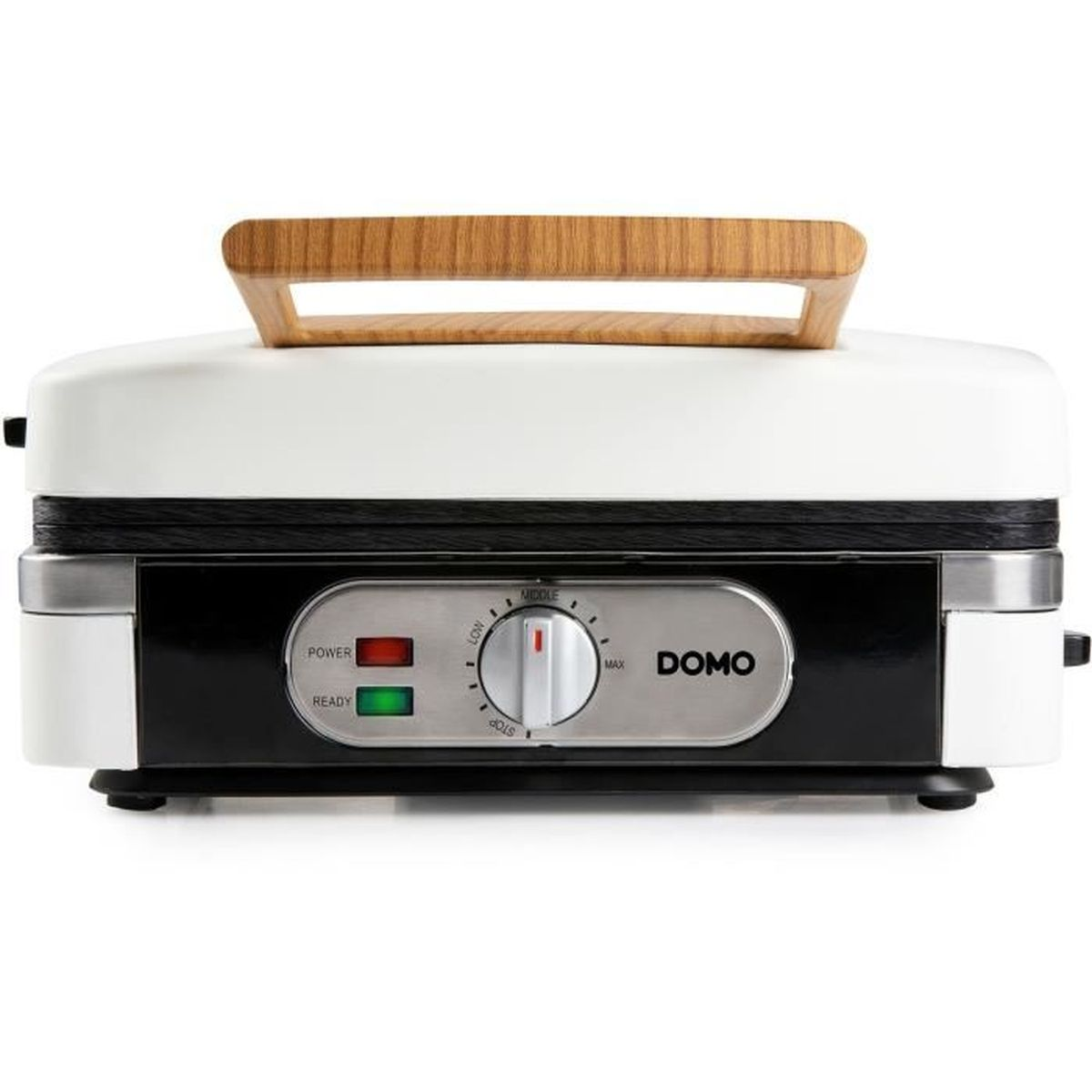 Grill a contatto bianco con manico in legno. Pannello di controllo con indicatori di accensione e pronto.