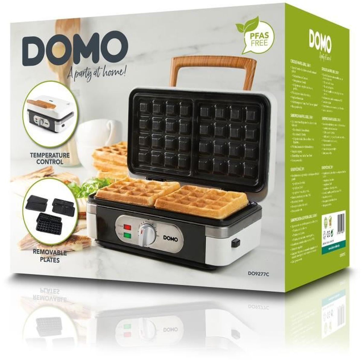 Goffratrice DOMO con due cialde cotte, controllo della temperatura e piastre rimovibili.