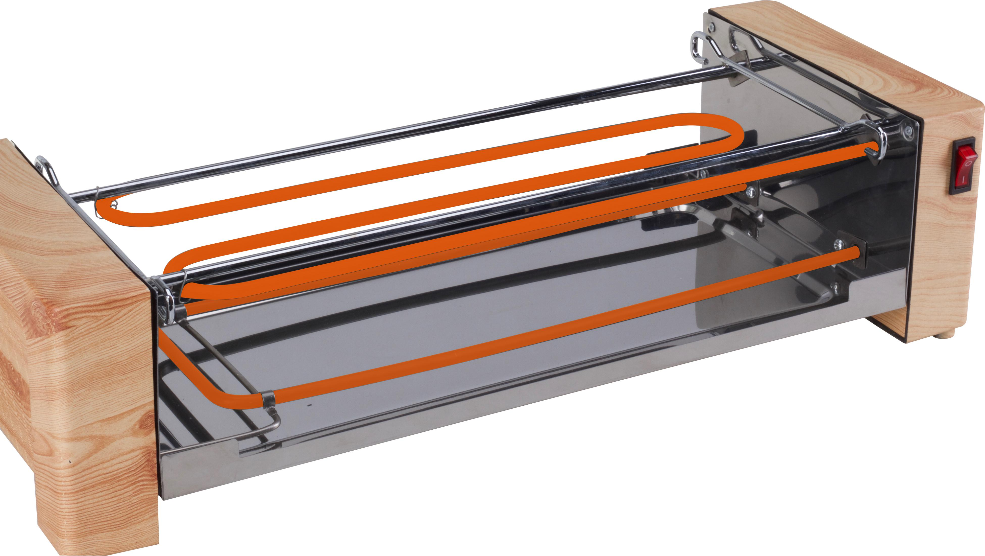 Una griglia elettrica con cassa in legno, telaio in metallo e elementi riscaldanti arancioni.