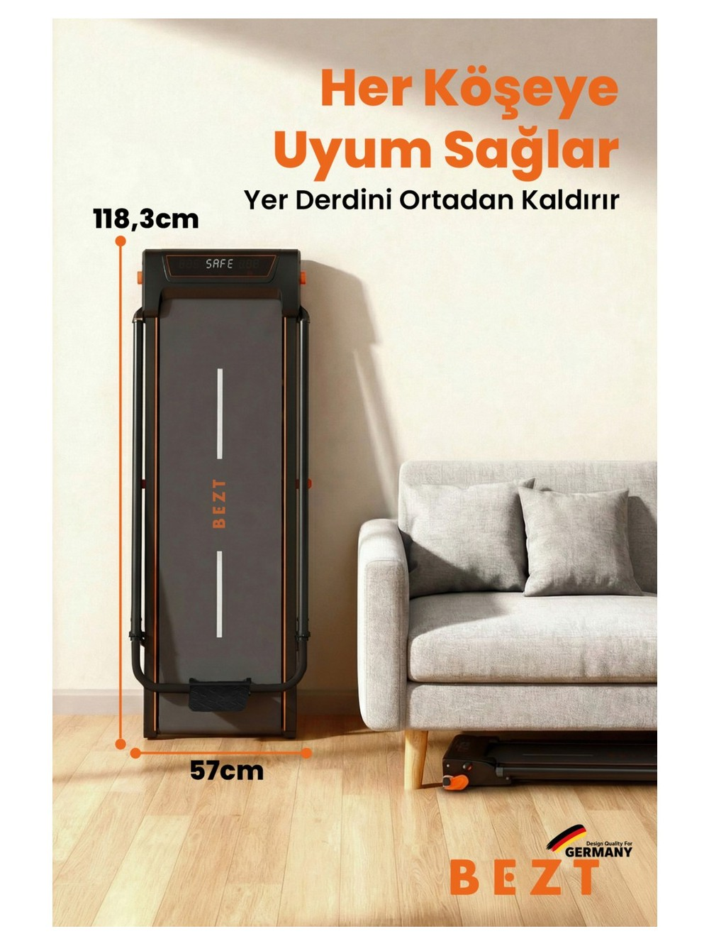 Siyah koşu bandı koltuğun yanında. Boyutlar 118,3 cm ve 57 cm.