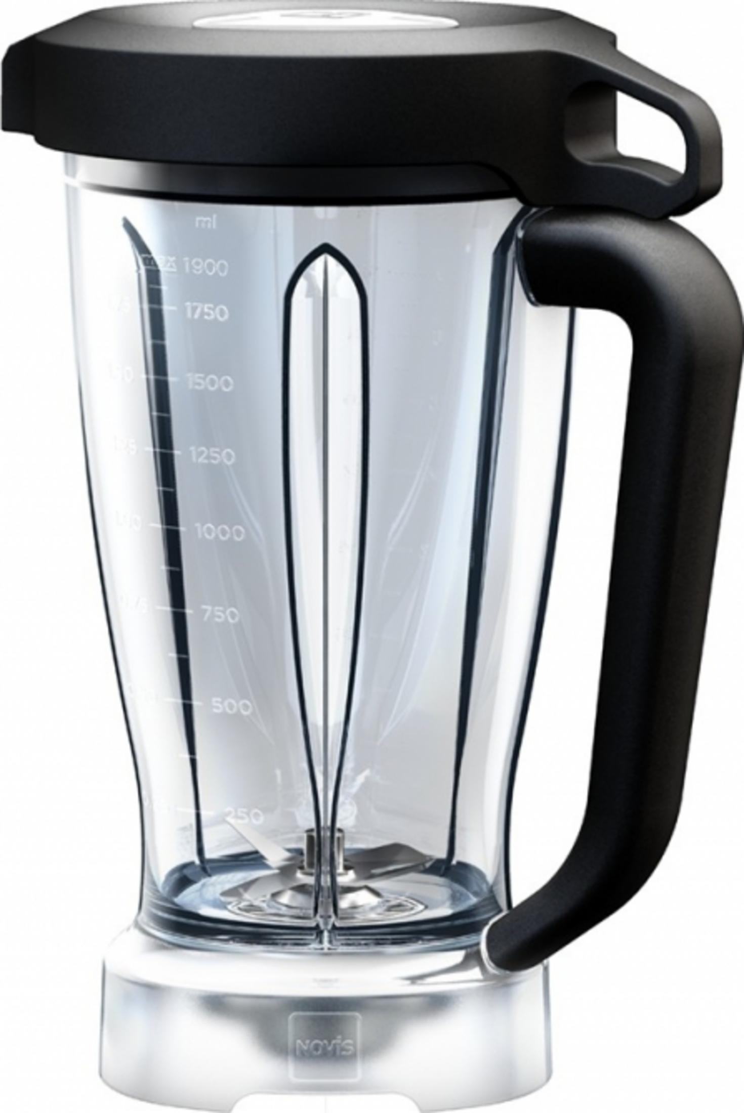 Ein transparenter Mixer mit schwarzem Deckel, Griff und silbernem Sockel mit Messskala.