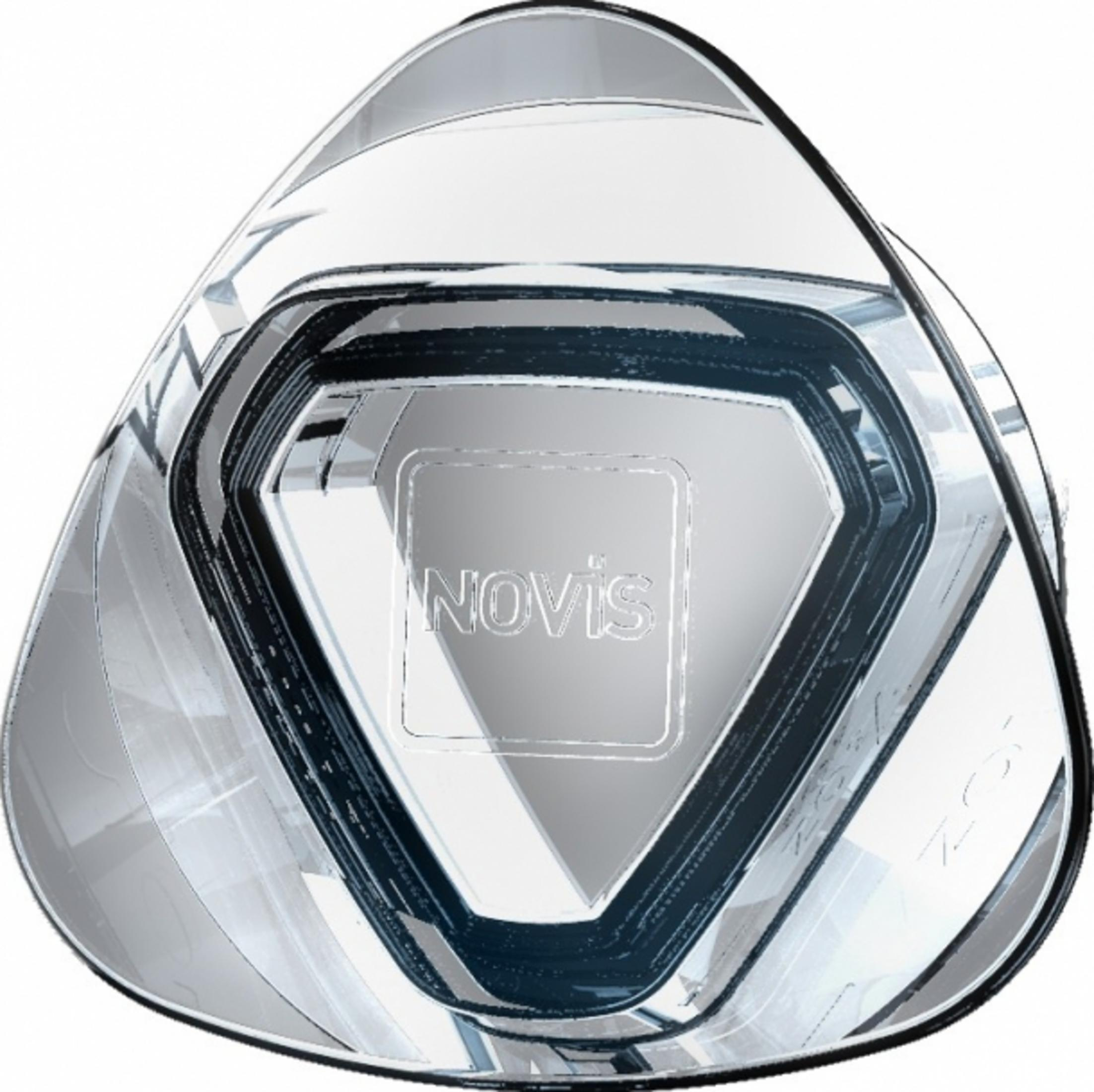Ein dreieckiger silberner Behälter mit dem Logo 'NOVIS' in der Mitte, auf weißem Hintergrund.