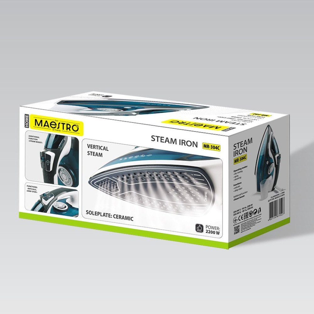 Opakowanie żelazka parowego Maestro MR-304C z ceramiczną stopą.