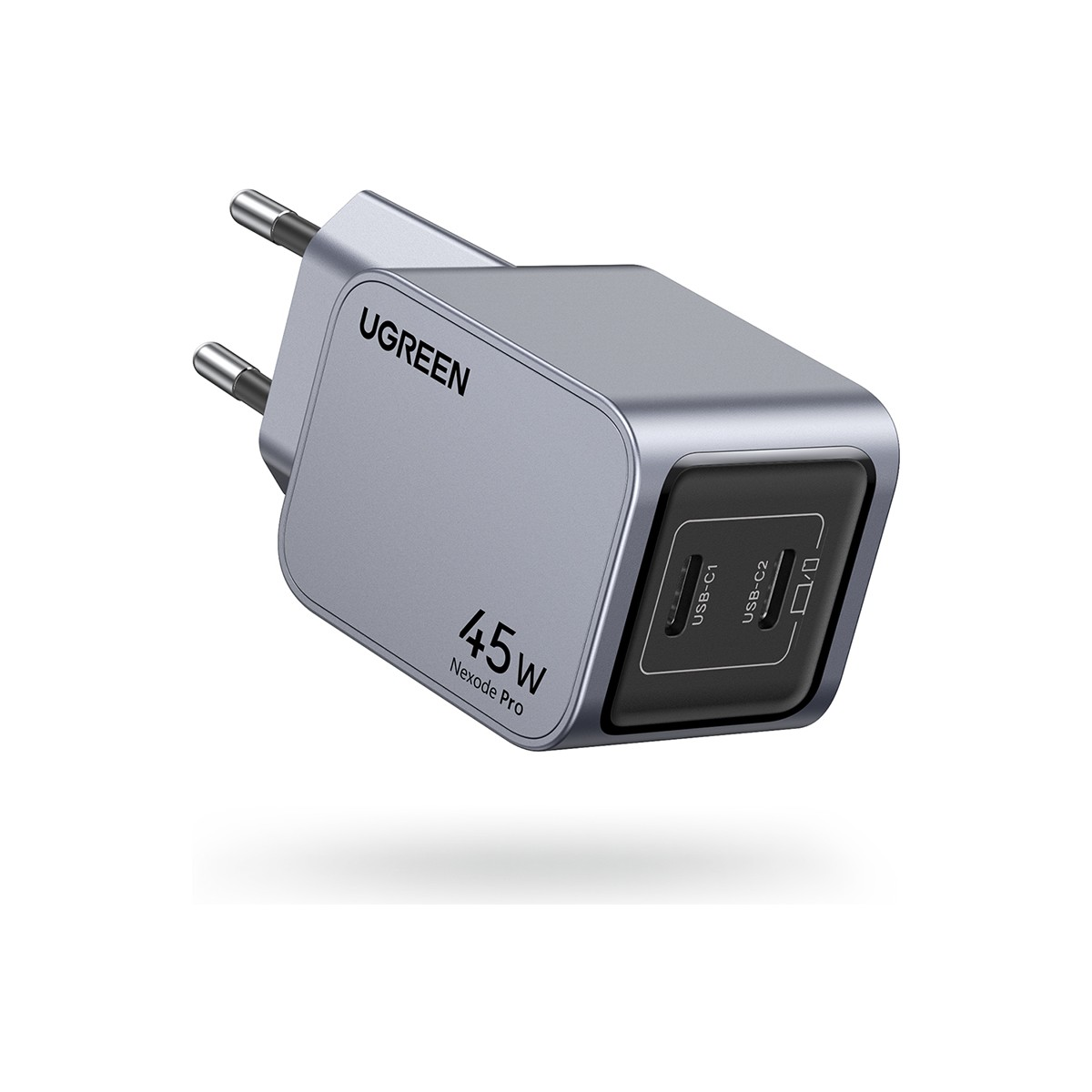 İki USB-C portlu gri UGREEN 45W Nexode Pro şarj cihazı.