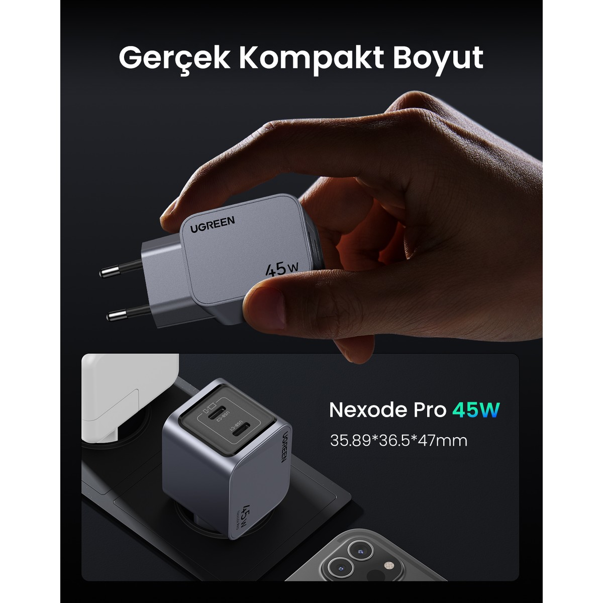Elde tutulan gri UGREEN 45W şarj cihazı, altında kompakt küp şarj cihazı.