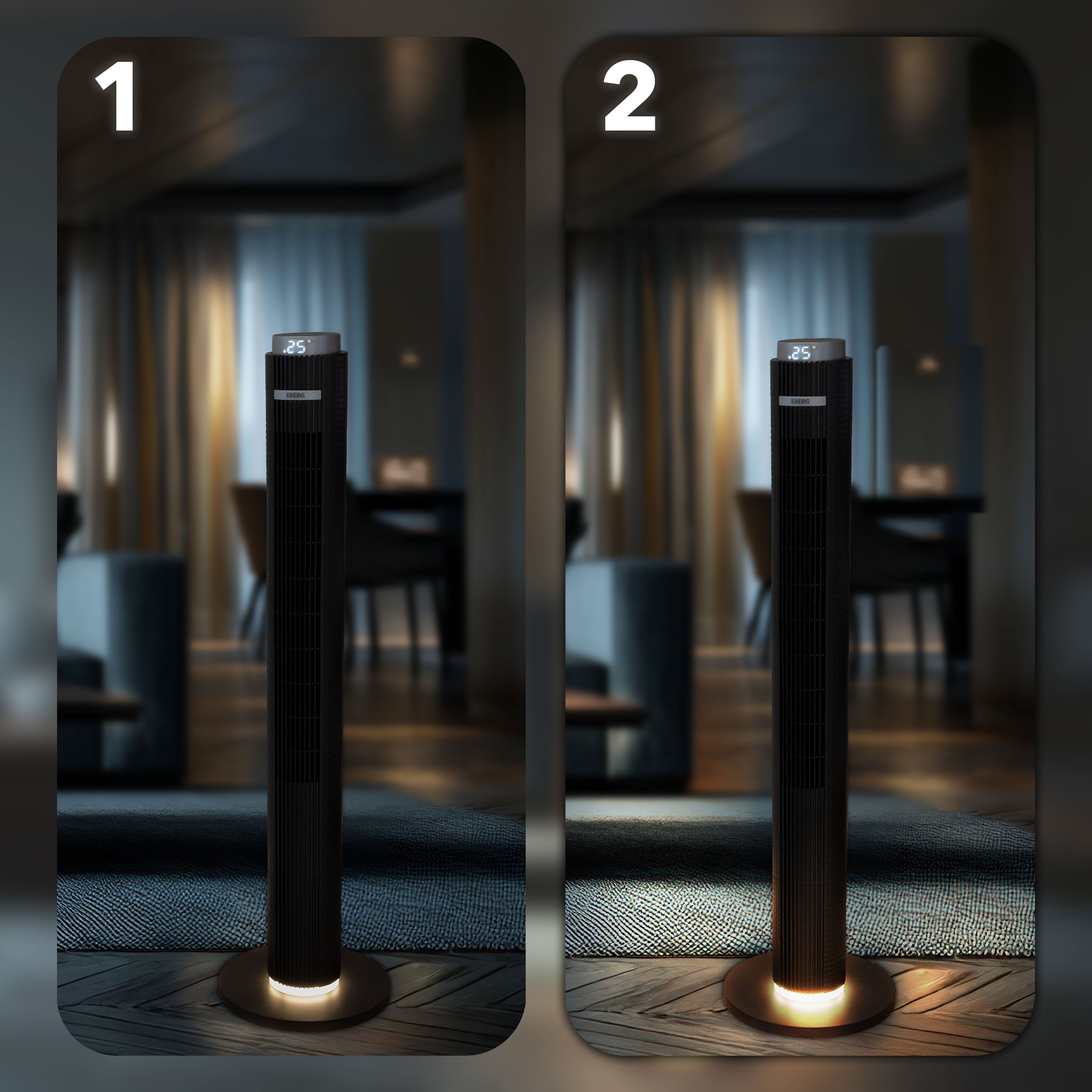 Czarny wentylator wieżowy z podświetlaną podstawą w salonie.