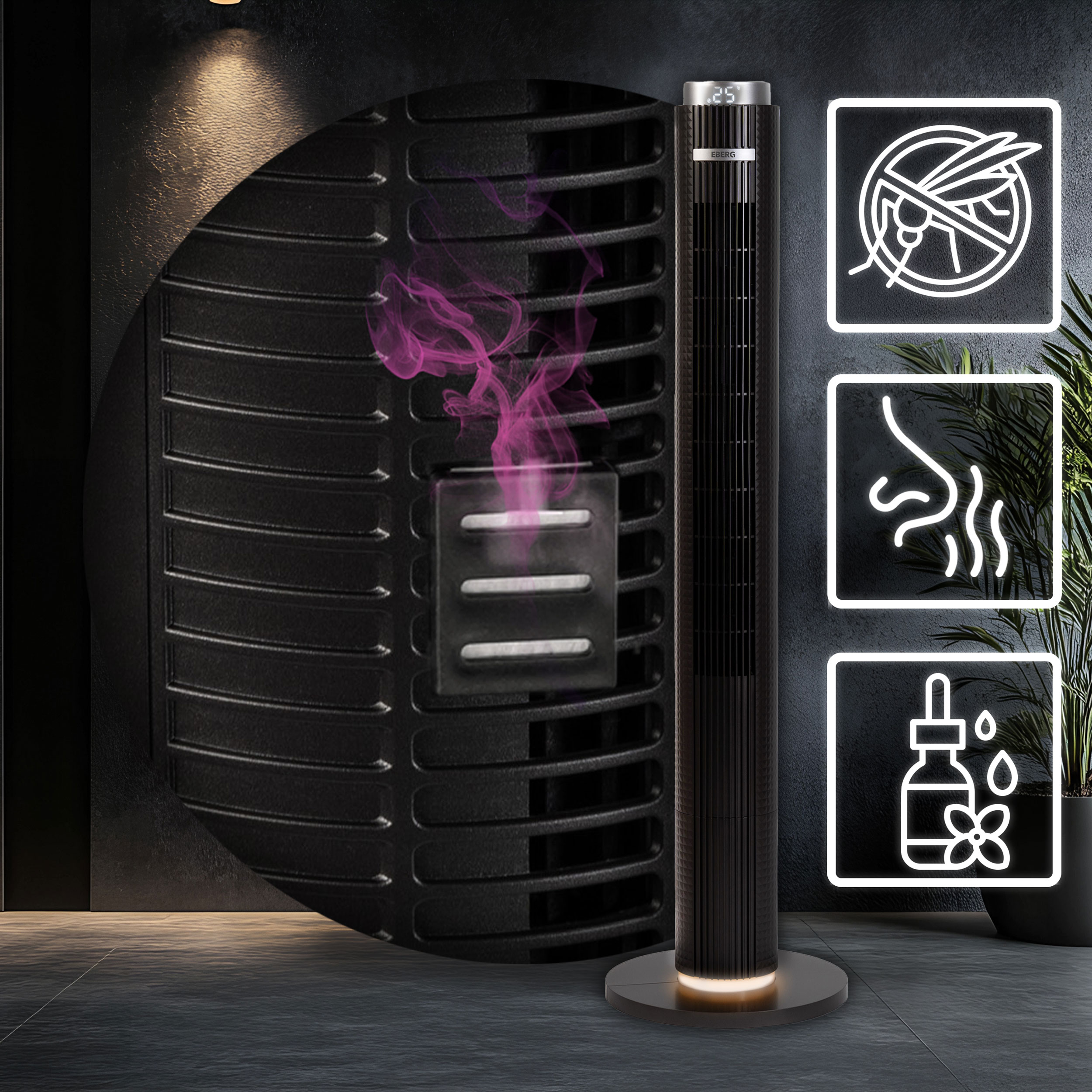 Elegancki wentylator wieżowy z fioletową parą, ikonami komara, zapachu i kropli.