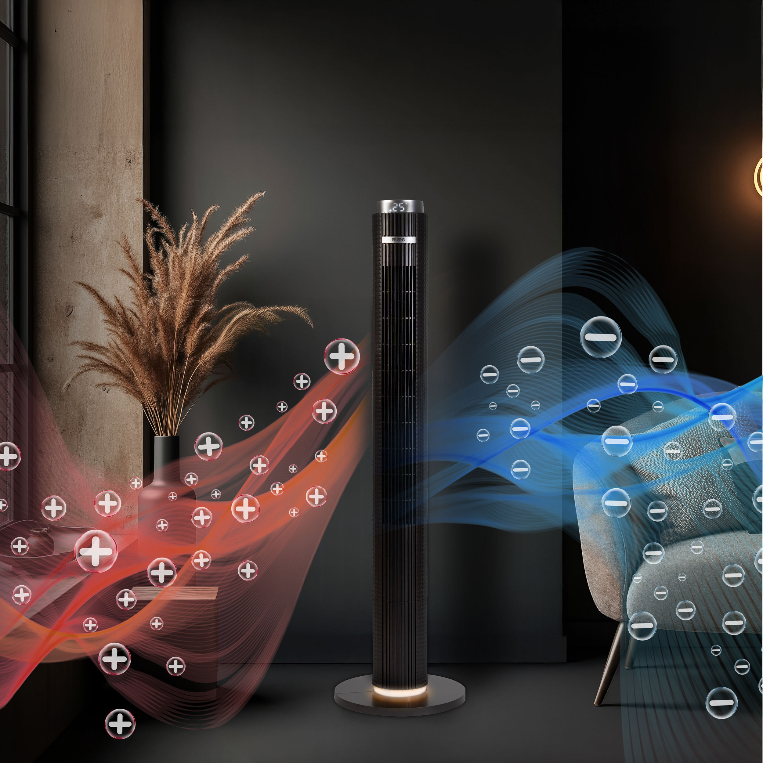 Czarny wentylator wieżowy z czerwonymi symbolami plus i niebieskimi minus.