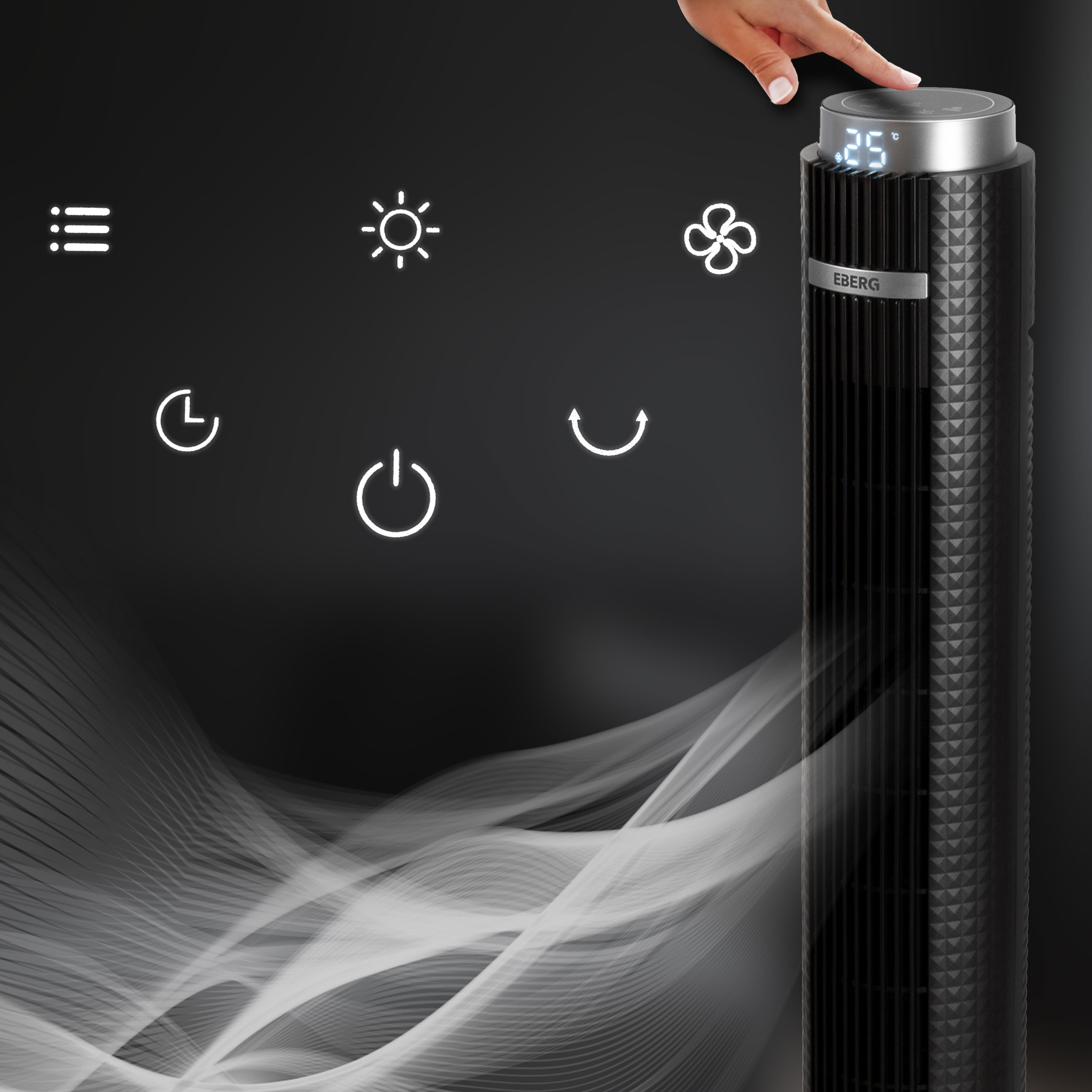 Czarny wentylator wieżowy z ikonami wentylatora, słońca, czasu i zasilania.